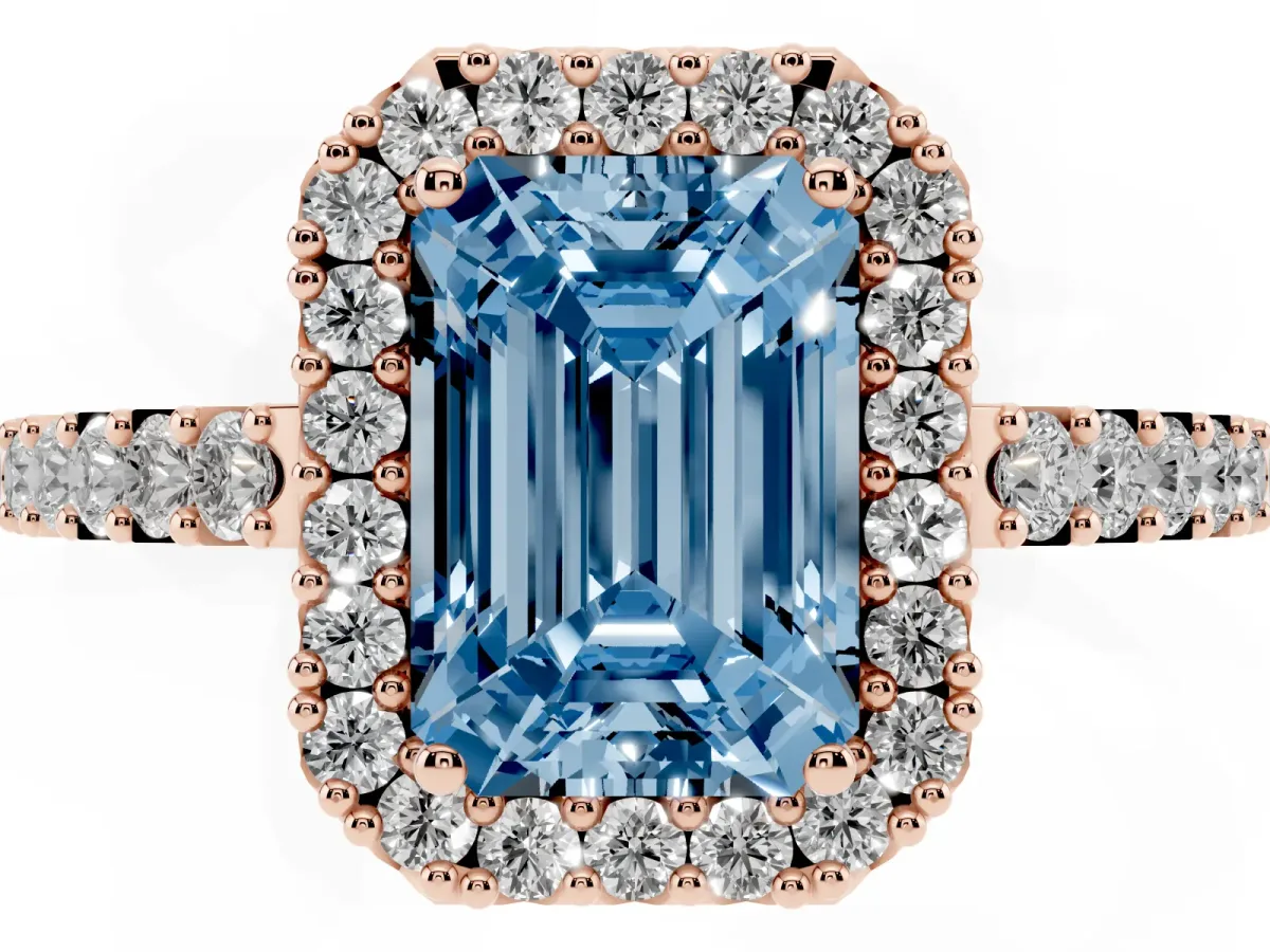 Fancy Blue Emerald Cut Halo Diamond Pavé Solitaire Ring Rose gold