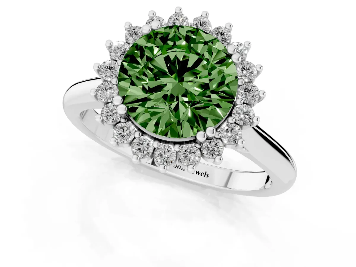 Fancy Green Round Cut Cut Diamond Halo Ring with Solitaire Band and Prong Setting Silver