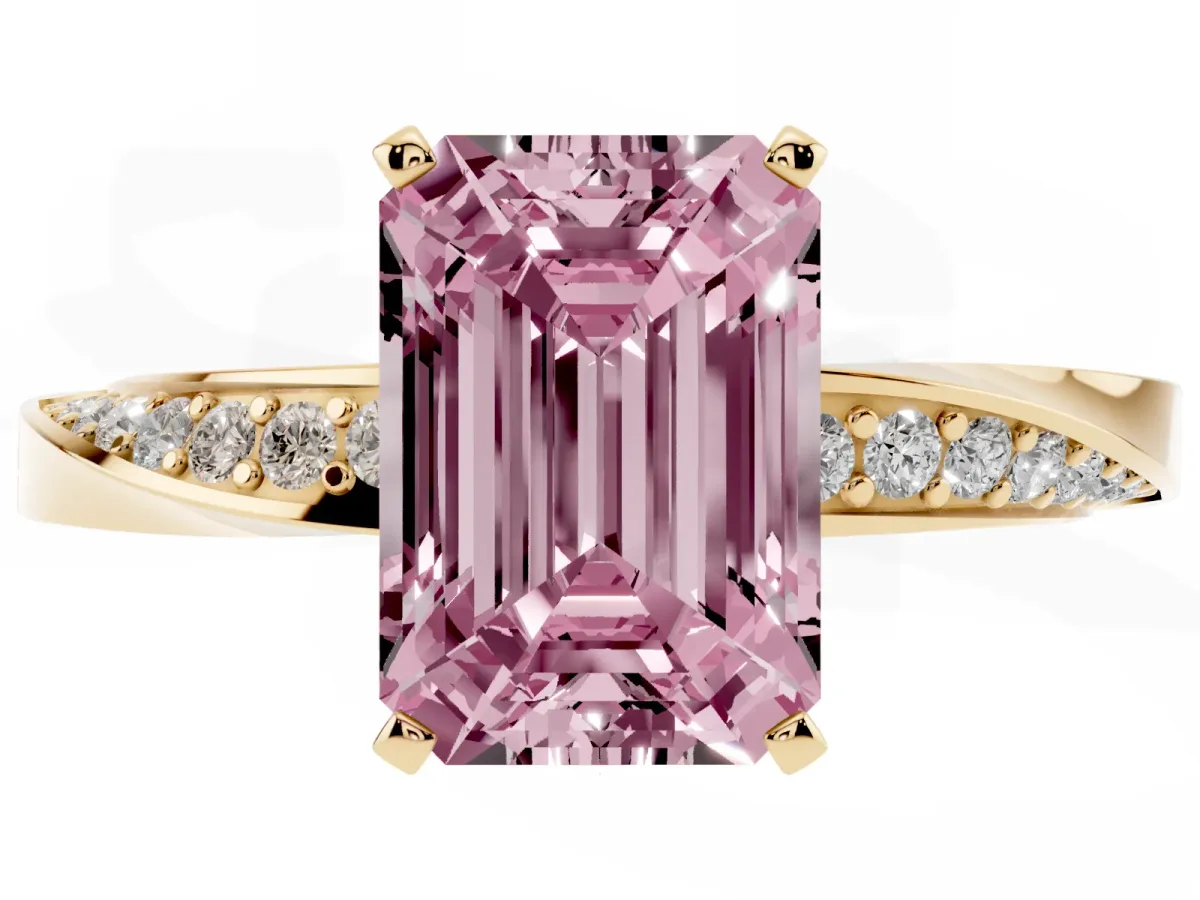 Fancy Pink Emerald Cut Diamond Engagement Ring with Side Stone Accents and Four-Prong Setting Yellow gold