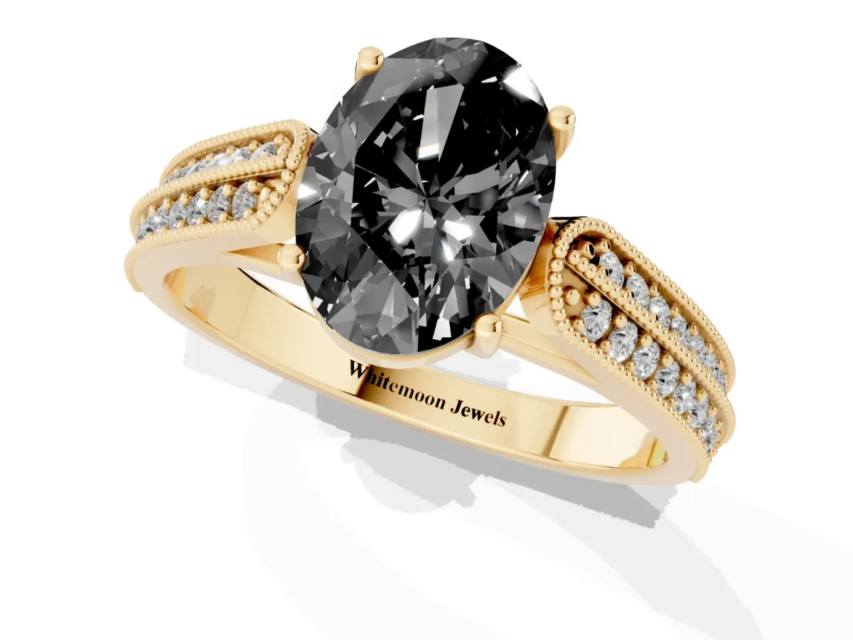 Fancy Black Oval Cut Cut Pave Split Shank Engagement Ring with Four-Prong Setting Yellow gold