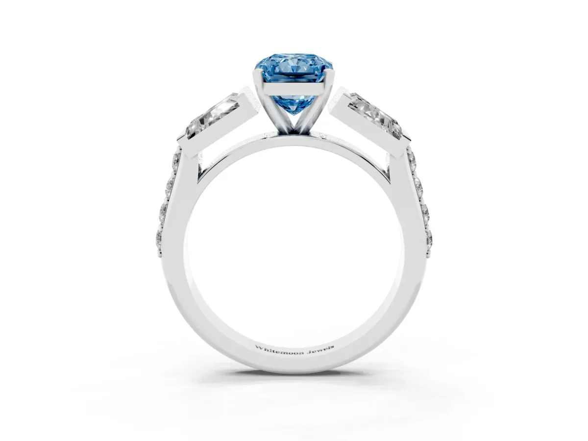 Fancy Blue Radiant Cut Diamond Engagement Ring with Baguette Side Stones and Channel Set Band White gold