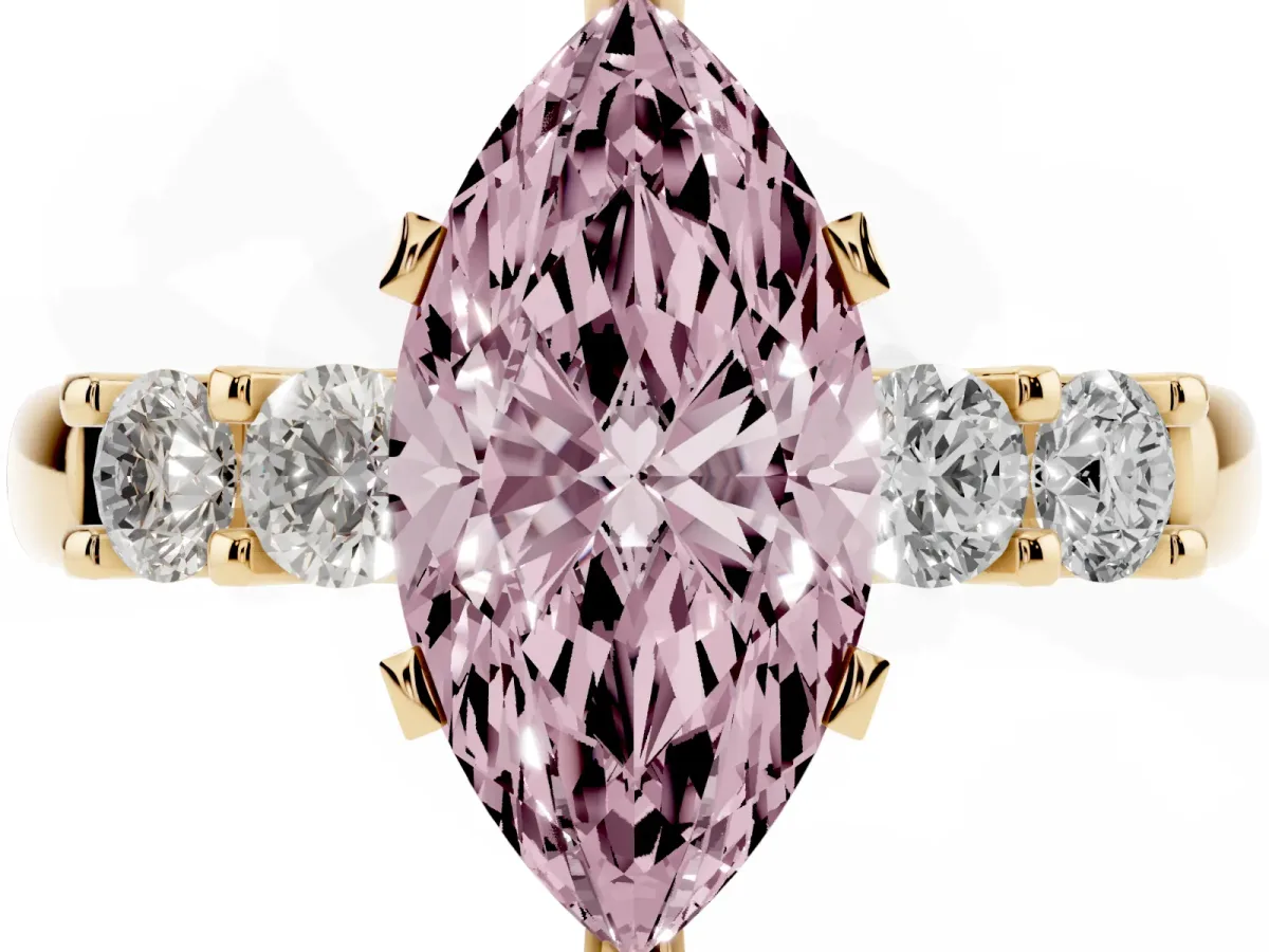 Fancy Pink Marquise Cut Brilliant Cut Diamond Five-Stone Prong Set Engagement Ring with Channel Band Yellow gold