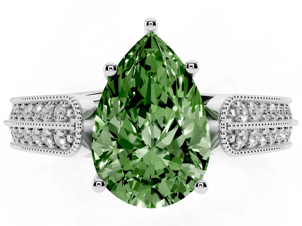 Fancy Green Pear Cut Cut Pave Split Shank Engagement Ring with Four-Prong Setting Silver