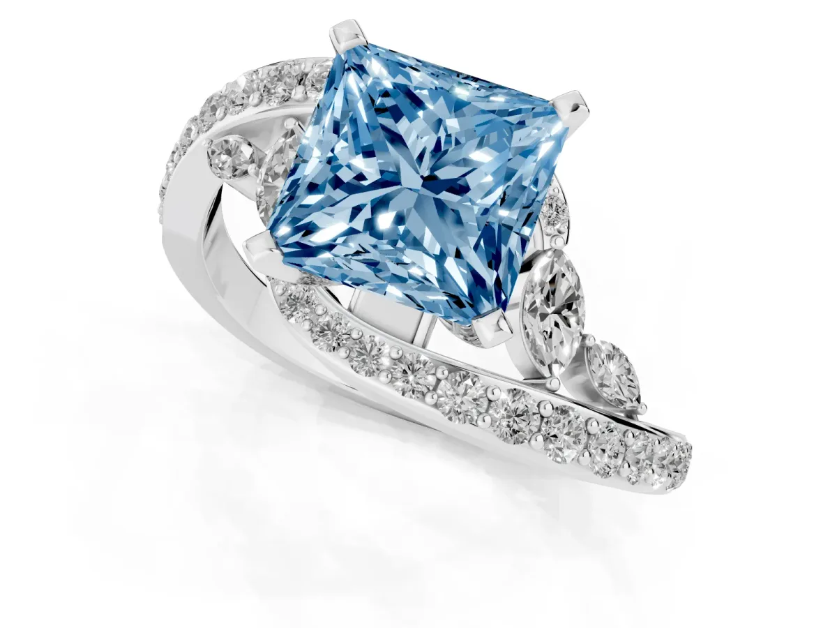 Fancy Blue Princess Cut Solitaire with Pavé Twist Band and Four-Prong Setting Platinum