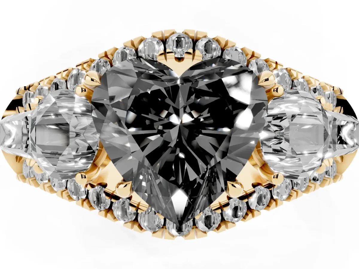 Fancy Black Three-Stone Heart Cut Diamond Engagement Ring with Pave Band and Prong Setting Yellow gold