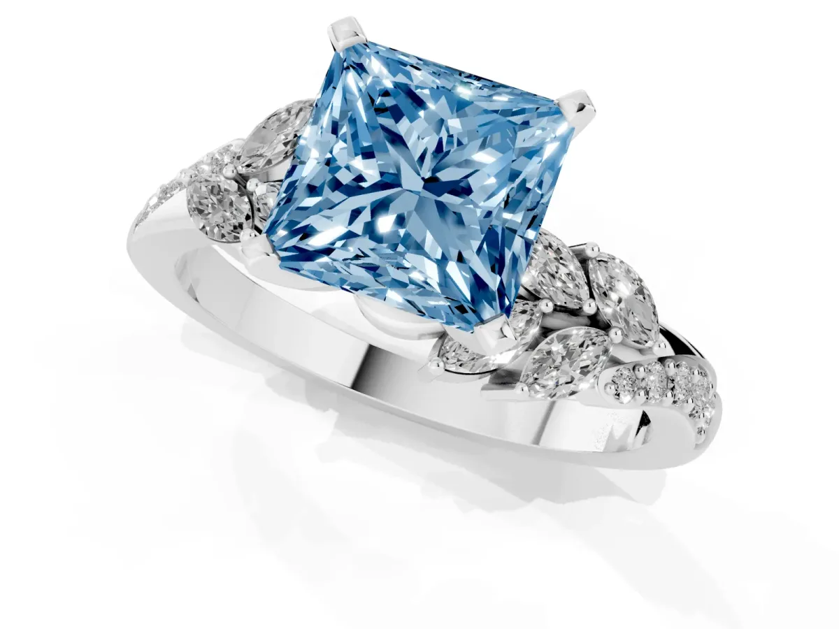 Fancy Blue Princess Cut Solitaire Marquise Twist Band with Six-Prong Setting Silver