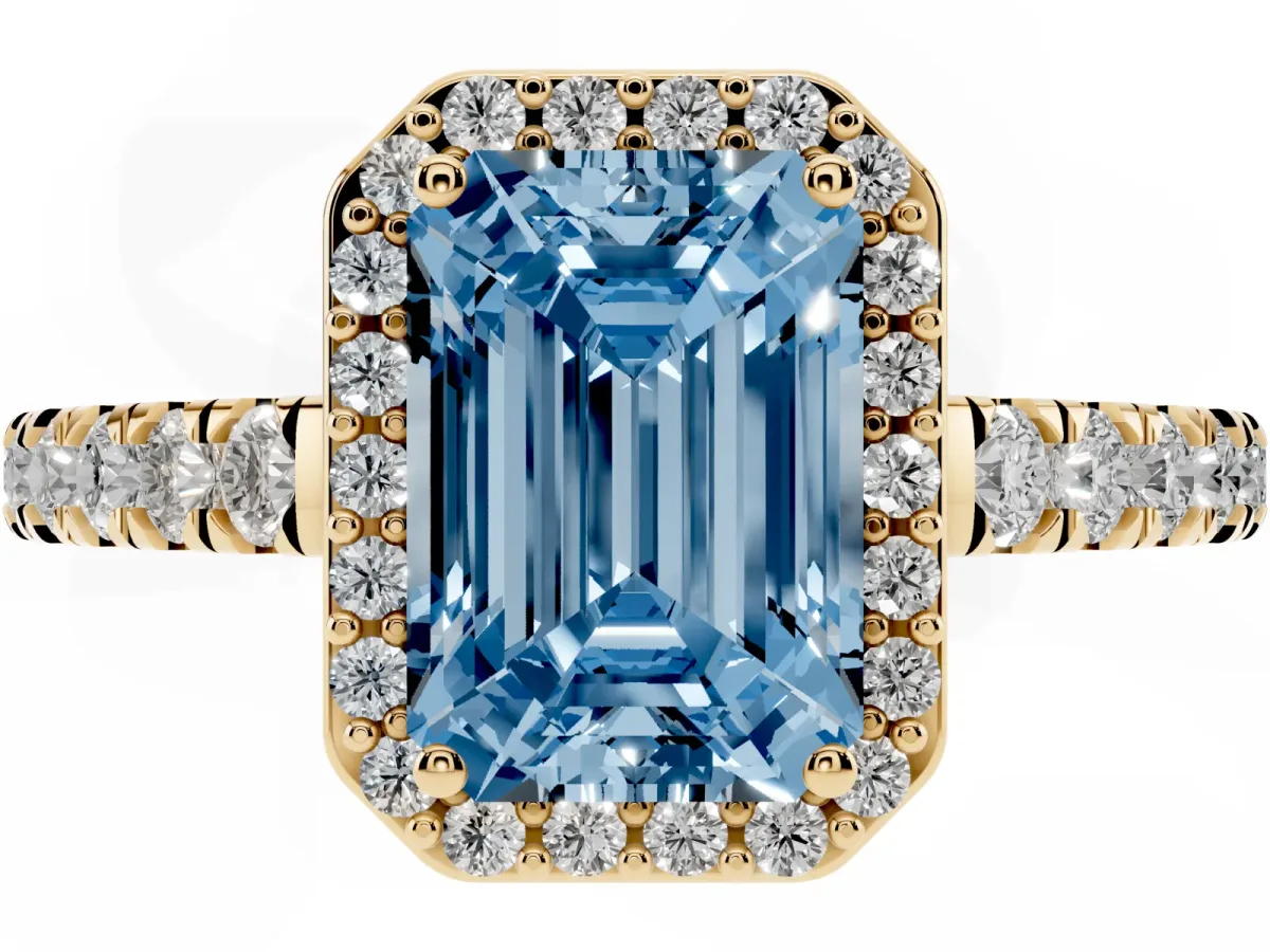 Fancy Blue Emerald Cut Cut Halo Diamond Engagement Ring with Pave Band and Four-Prong Setting Yellow gold