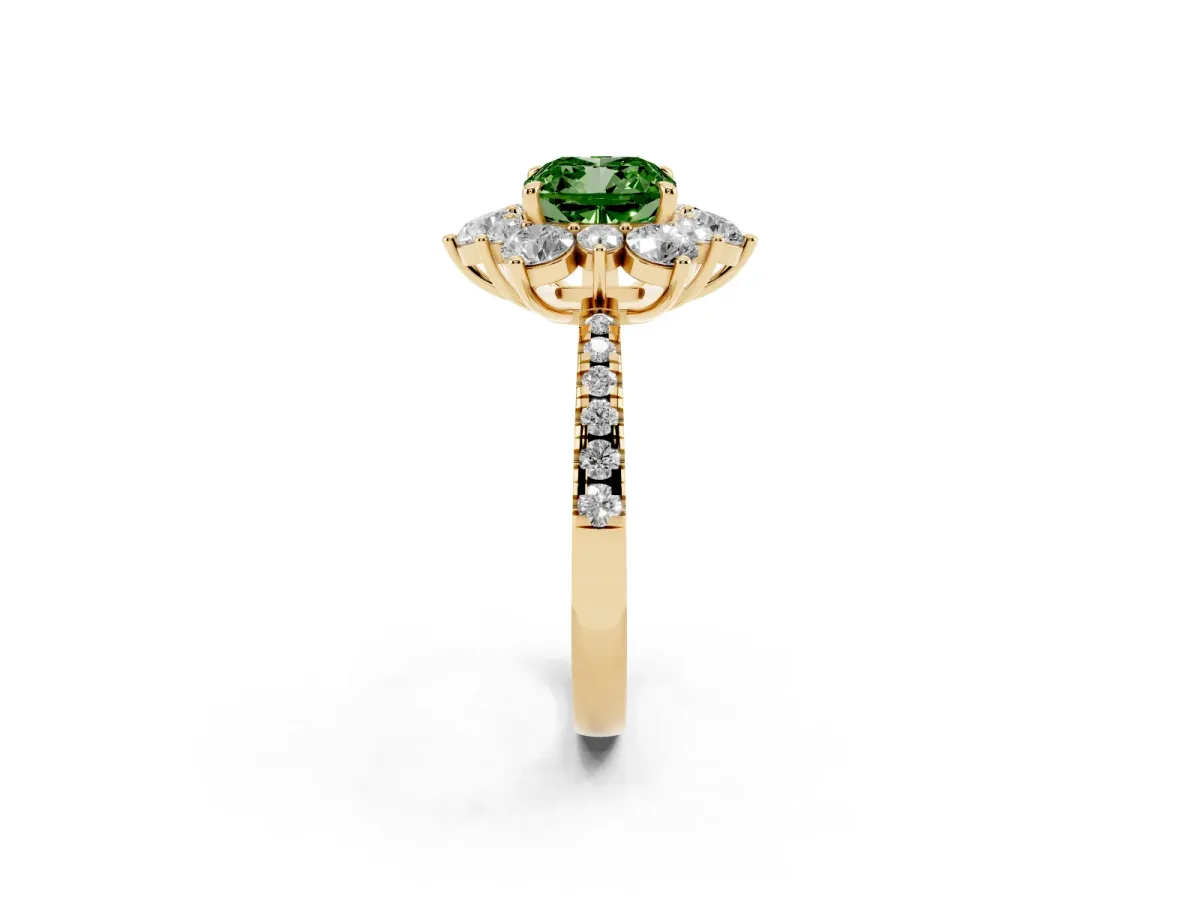 Fancy Green Cushion Cut Diamond Floral Halo Ring with Round Pavé Band and Prong Setting Yellow gold