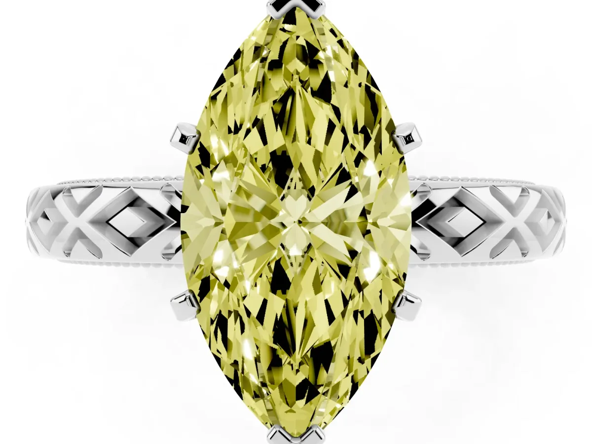 Fancy Yellow Marquise Cut Solitaire Diamond Ring with Milgrain and Black Enamel X Pattern Band Silver