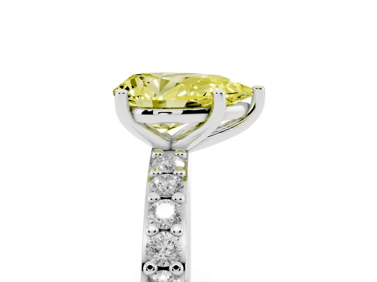 Fancy Yellow Pear Cut Cut Diamond Solitaire with Pave Band and Four-Prong Setting Silver