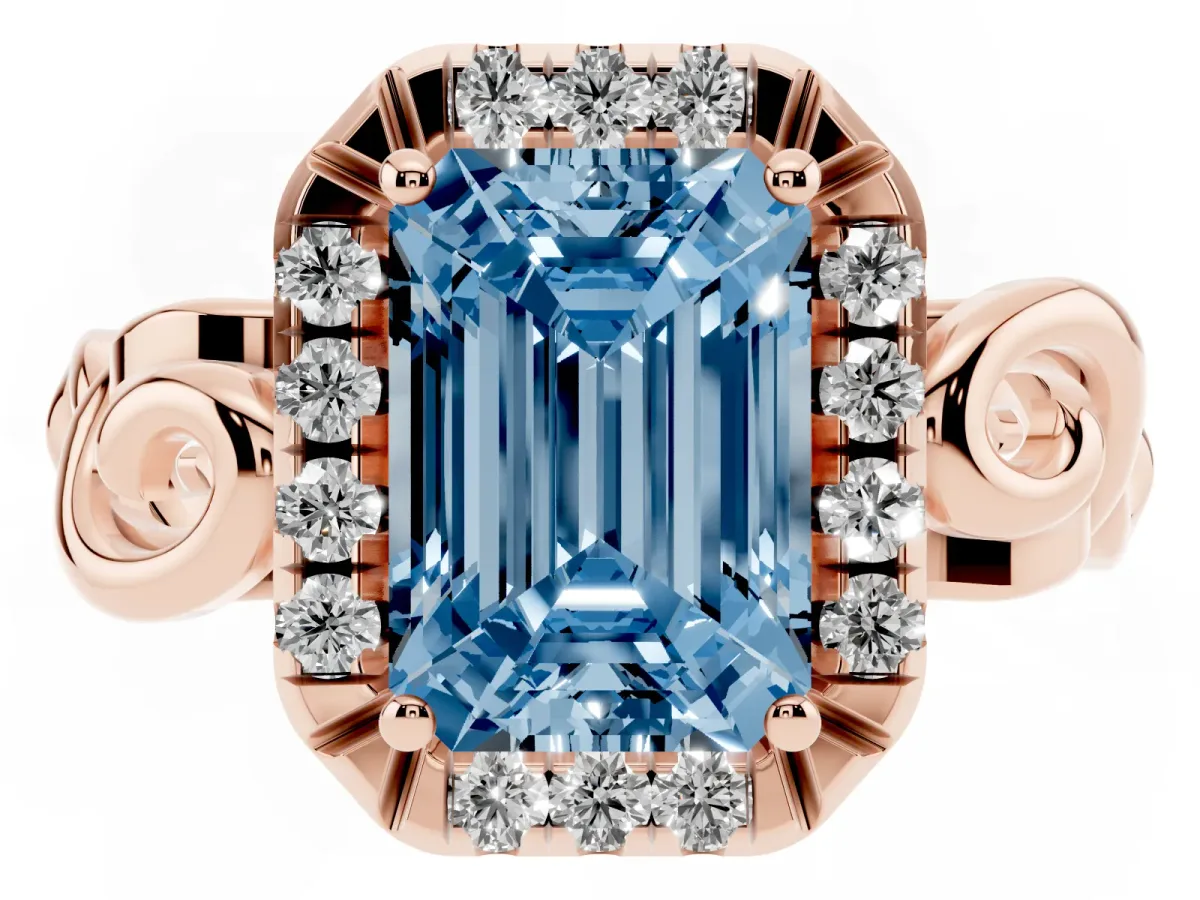 Fancy Blue Emerald Cut Cut Halo Diamond Ring with Scrollwork Band and Four-Prong Setting Rose gold