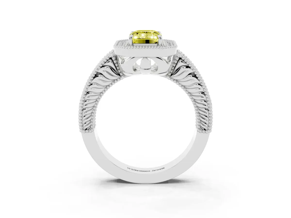 Fancy Yellow Emerald Cut Cut Halo Diamond Ring with Pavé Band and Four-Prong Setting White gold