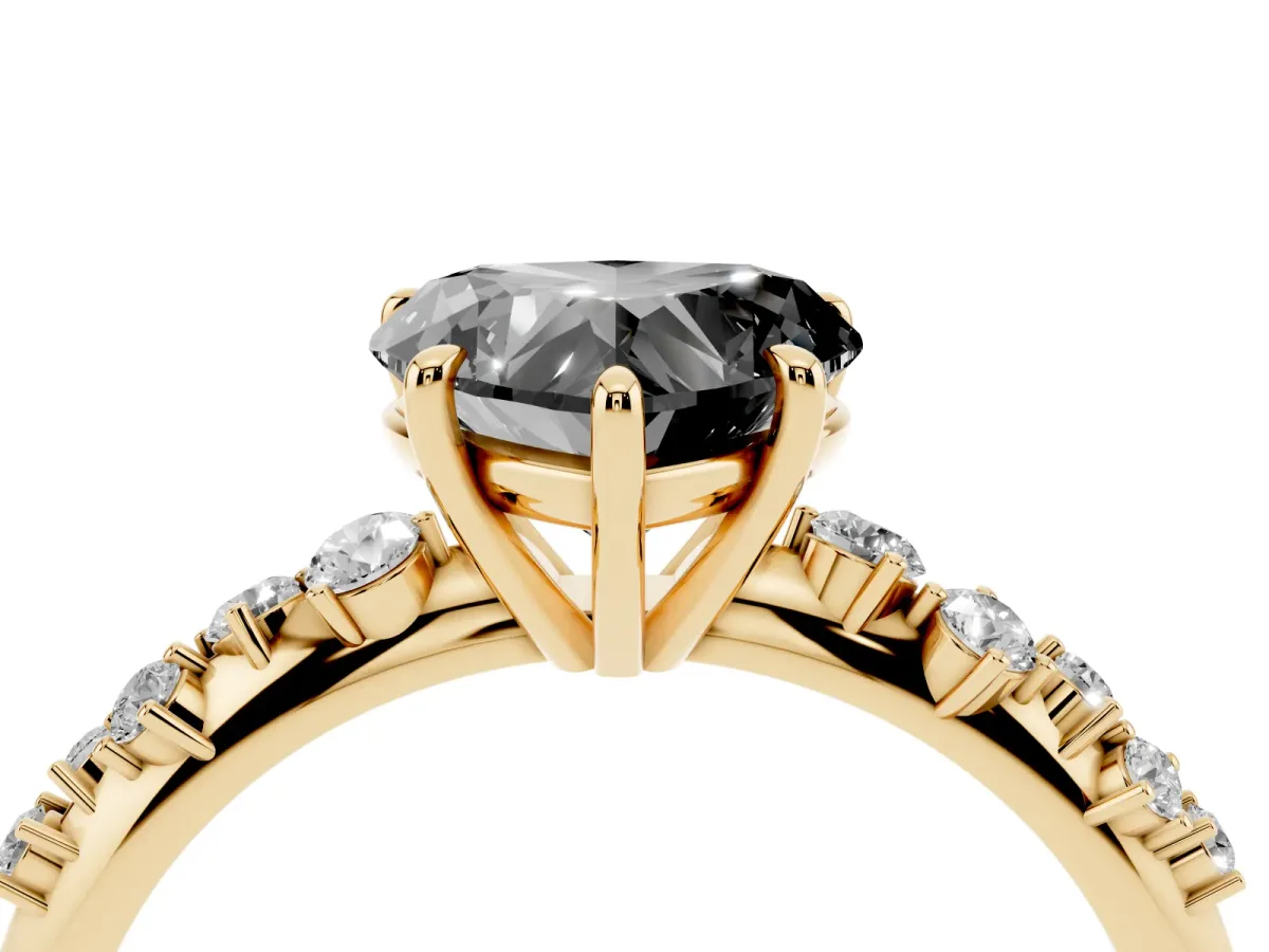 Fancy Black Heart Cut Diamond Cluster Side Stone Solitaire Ring with Prong Setting Yellow gold