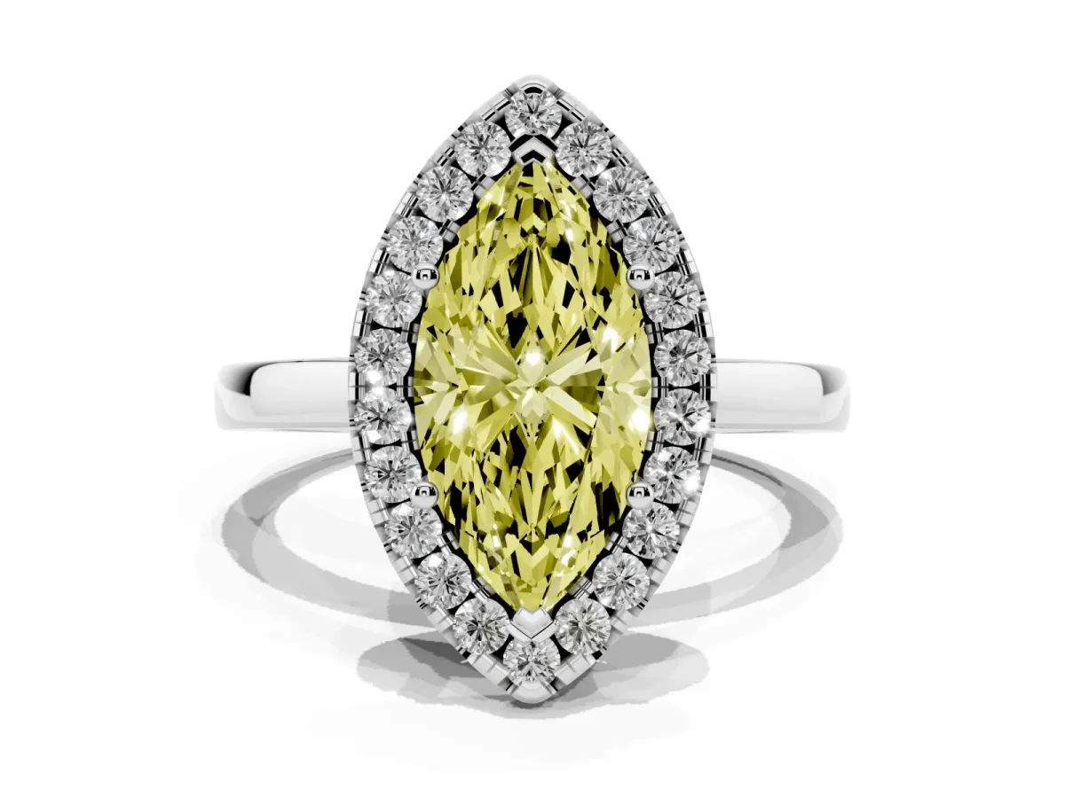Fancy Yellow Marquise Cut Halo Diamond Solitaire with Pavé Band and Four-Prong Setting White gold