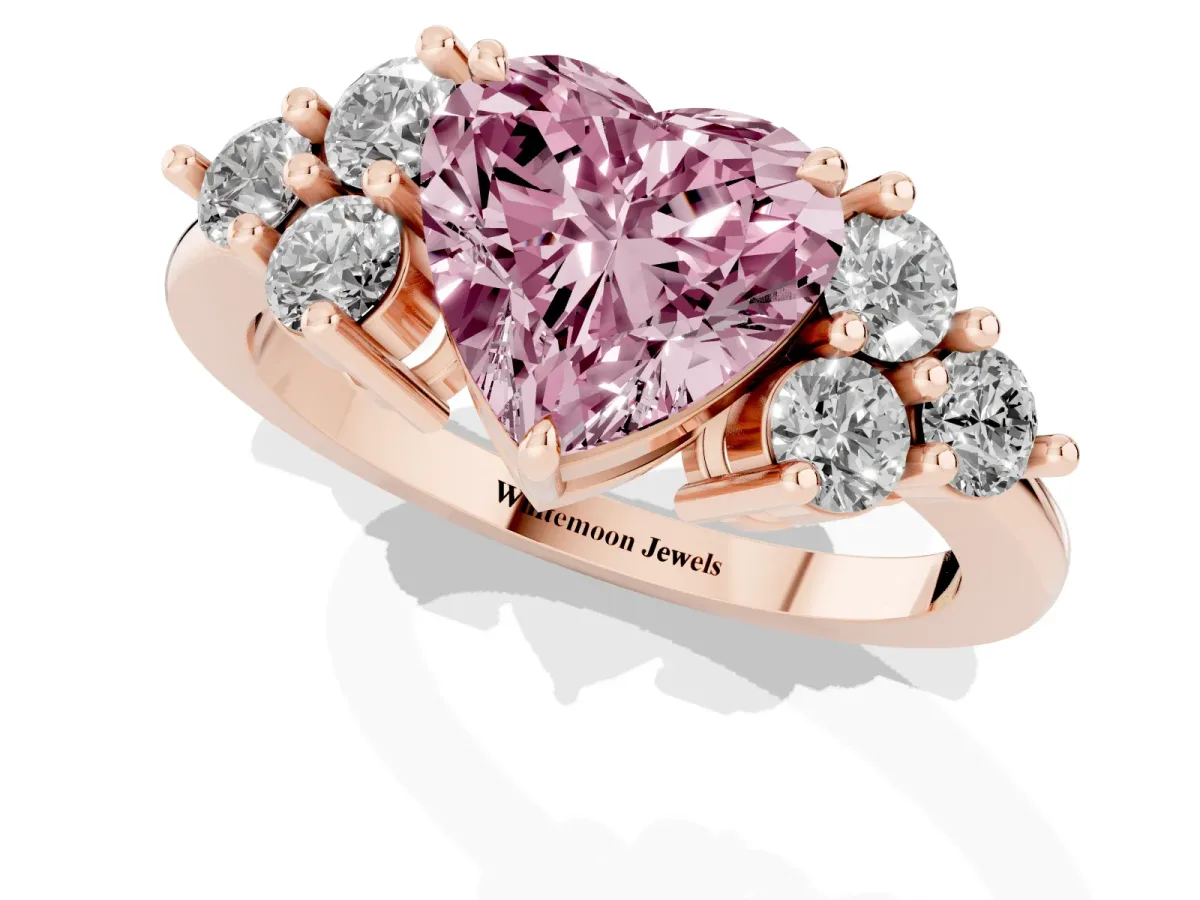 Fancy Pink Heart Cut Brilliant Diamond Cluster Accent Solitaire Ring with Prong Setting Rose gold