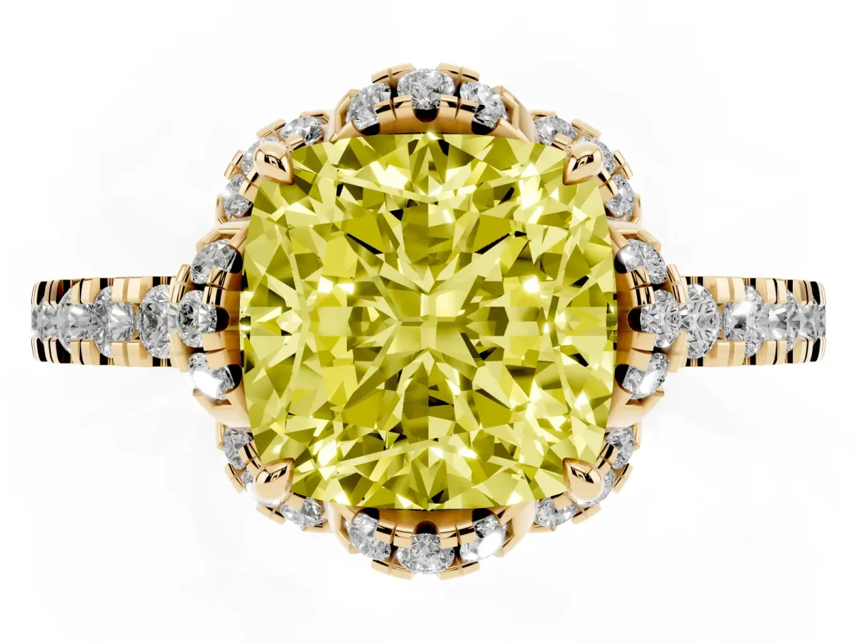 Fancy Yellow Cushion Cut Halo Diamond Pave Band Ring with Four-Prong Setting Yellow gold