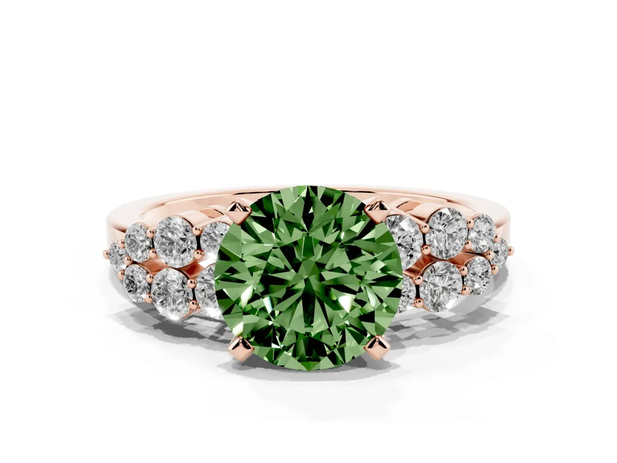 Fancy Green Round Cut Cluster Diamond Engagement Ring with Pavé Band and Four-Prong Setting Rose gold