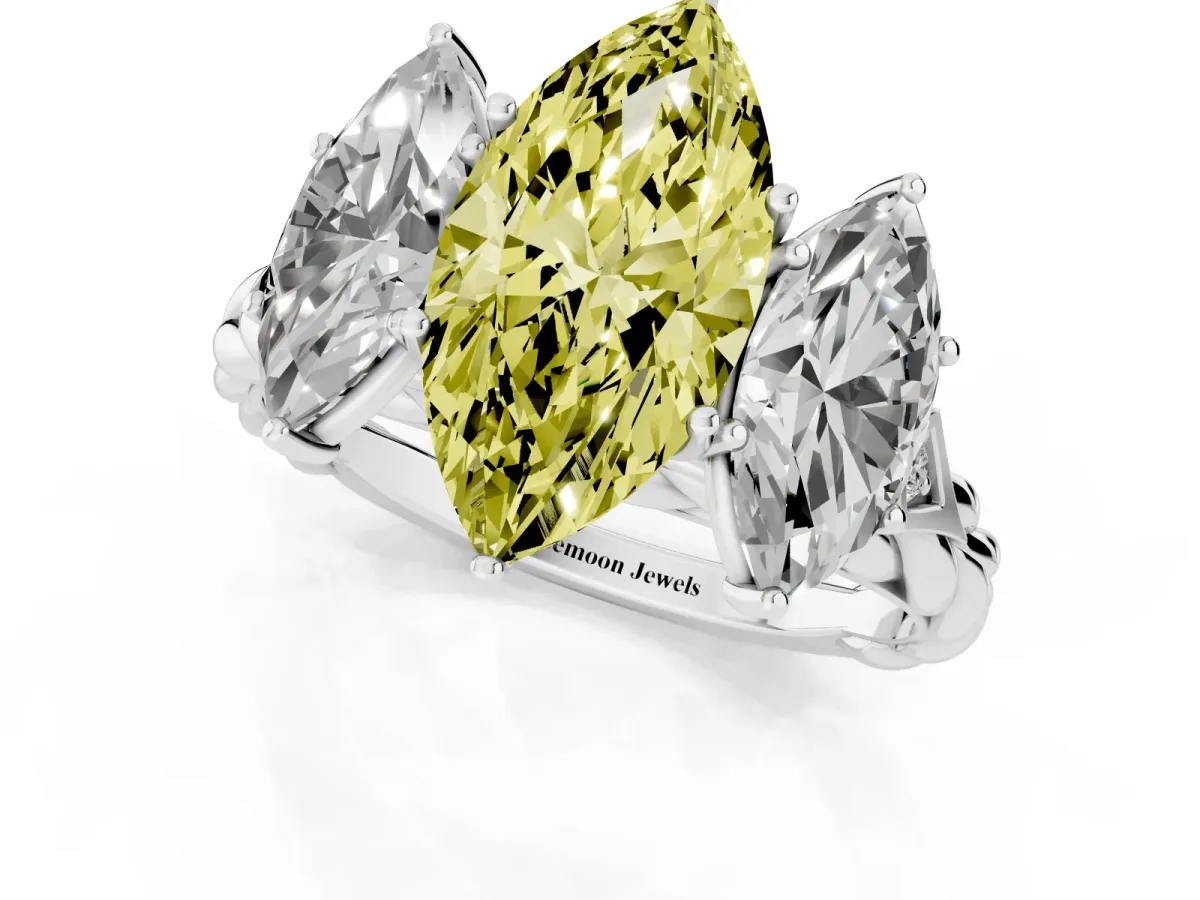 Fancy Yellow Three-Stone Marquise Cut Diamond Braided Band Ring with Four-Prong Setting Silver