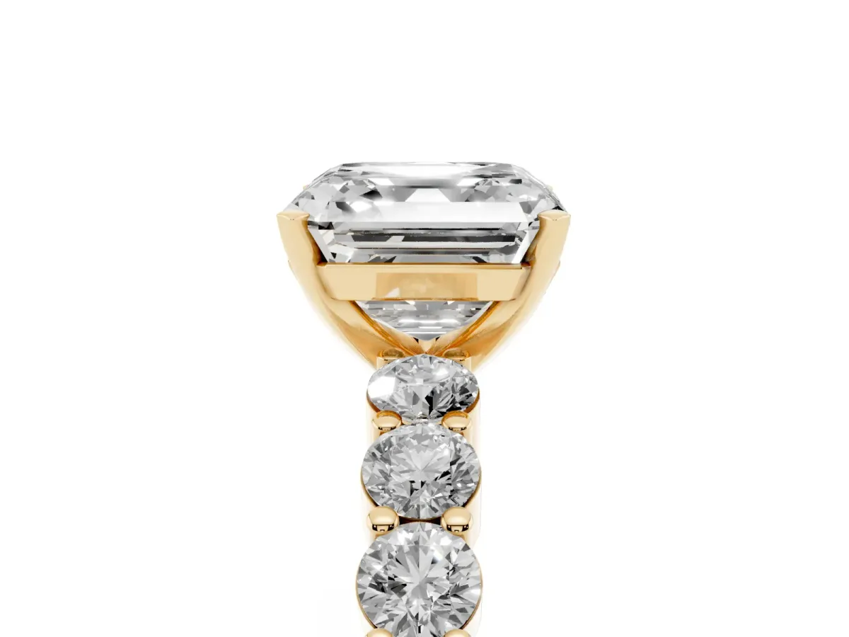 Asscher Cut Diamond Solitaire Ring with Shared Prong Round Side Stones Yellow gold