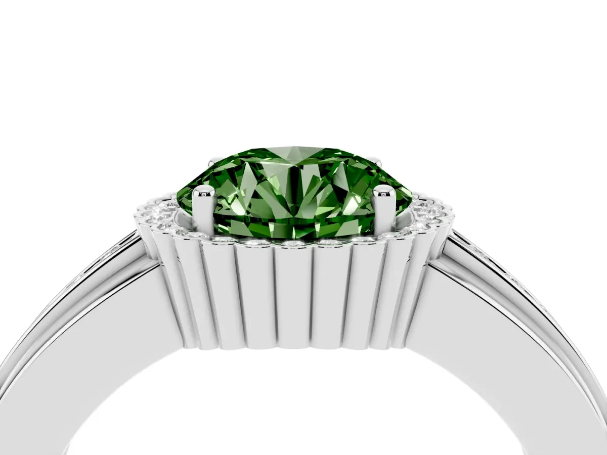 Fancy Green Round Cut Cut Halo Pave Band Four-Prong Ring Platinum