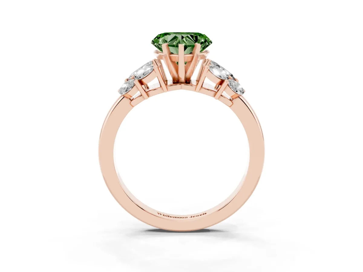 Fancy Green Heart Cut Diamond Cluster Leaf Design Ring with Prong Setting Rose gold
