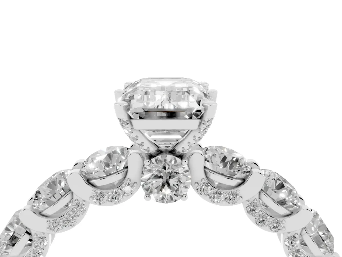 Emerald Cut Diamond Side Stone Engagement Ring with Four-Prong Setting Silver