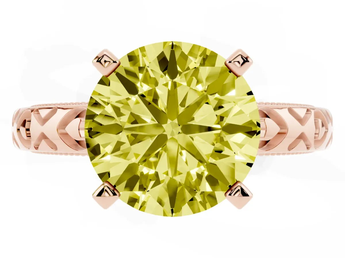 Fancy Yellow Round Cut Solitaire Diamond Engagement Ring with XO Engraved Band and Four-Prong Setting Rose gold