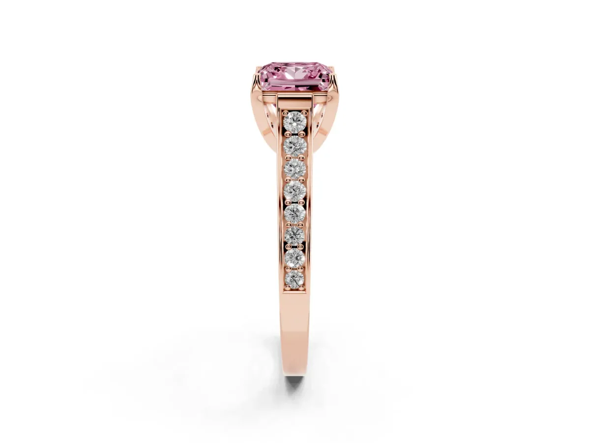 Fancy Pink Princess Cut Brilliant Cut Diamond Engagement Ring with Pavé Band and Four-Prong Setting Rose gold
