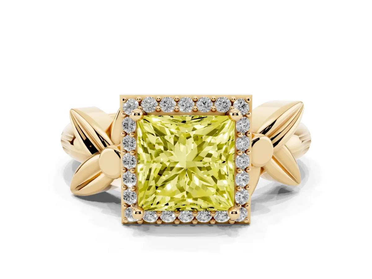 Fancy Yellow Princess Cut Halo Diamond Floral Band with Four-Prong Setting Yellow gold