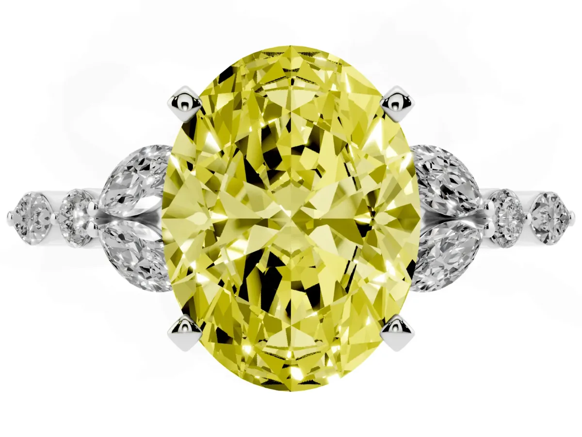 Fancy Yellow Oval Cut Diamond Solitaire Ring with Side Stones and Four-Prong Setting Silver