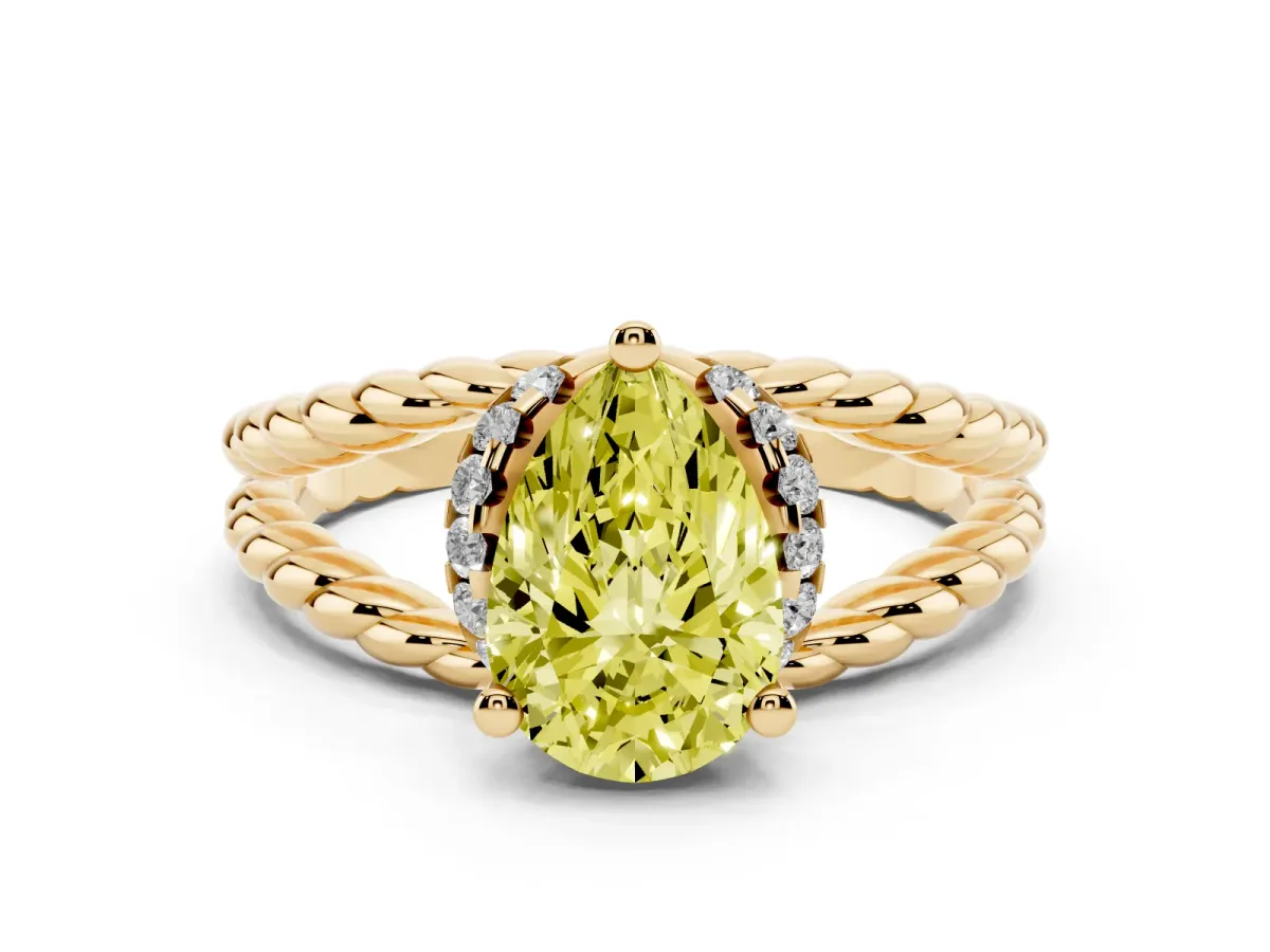Fancy Yellow Pear Cut Halo Twisted Band Four-Prong Ring Yellow gold