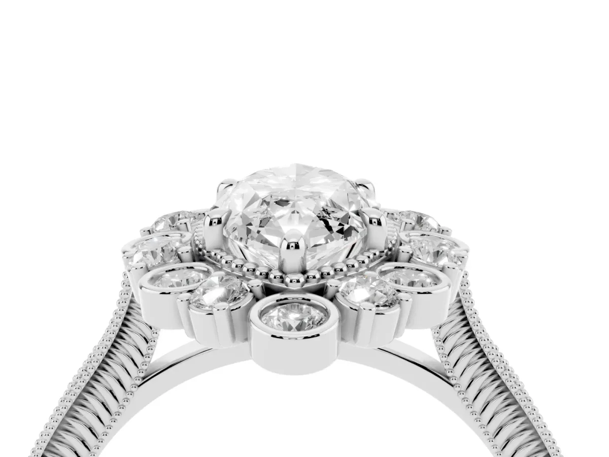 Marquise Cut Halo Milgrain Pave Diamond Ring with Four-Prong Setting Silver