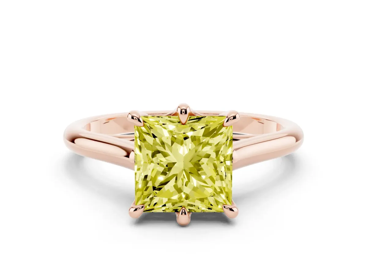 Fancy Yellow Princess Cut Solitaire Engagement Ring with Six-Prong Setting and Classic Band Rose gold