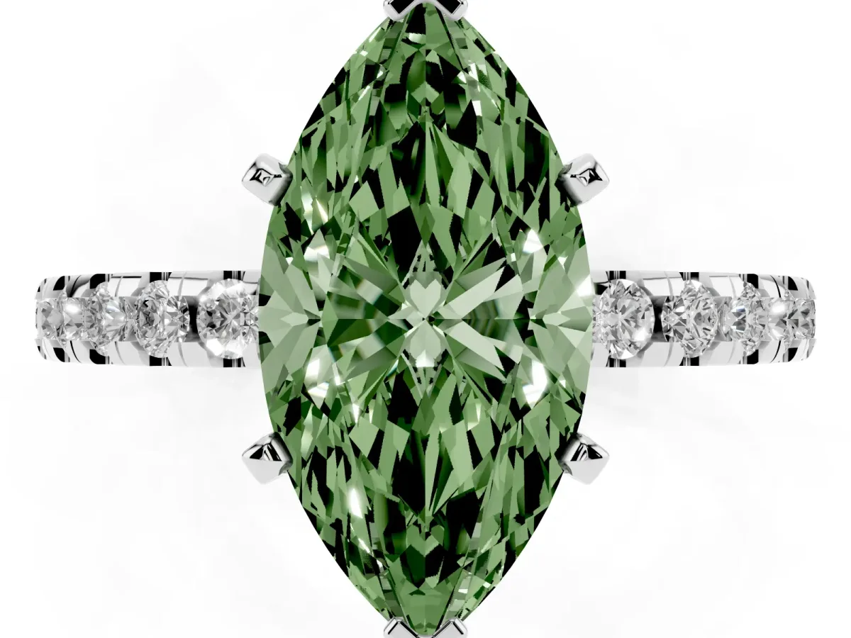 Fancy Green Marquise Cut Diamond Solitaire Ring with Round Pavé Band and Four-Prong Setting Silver