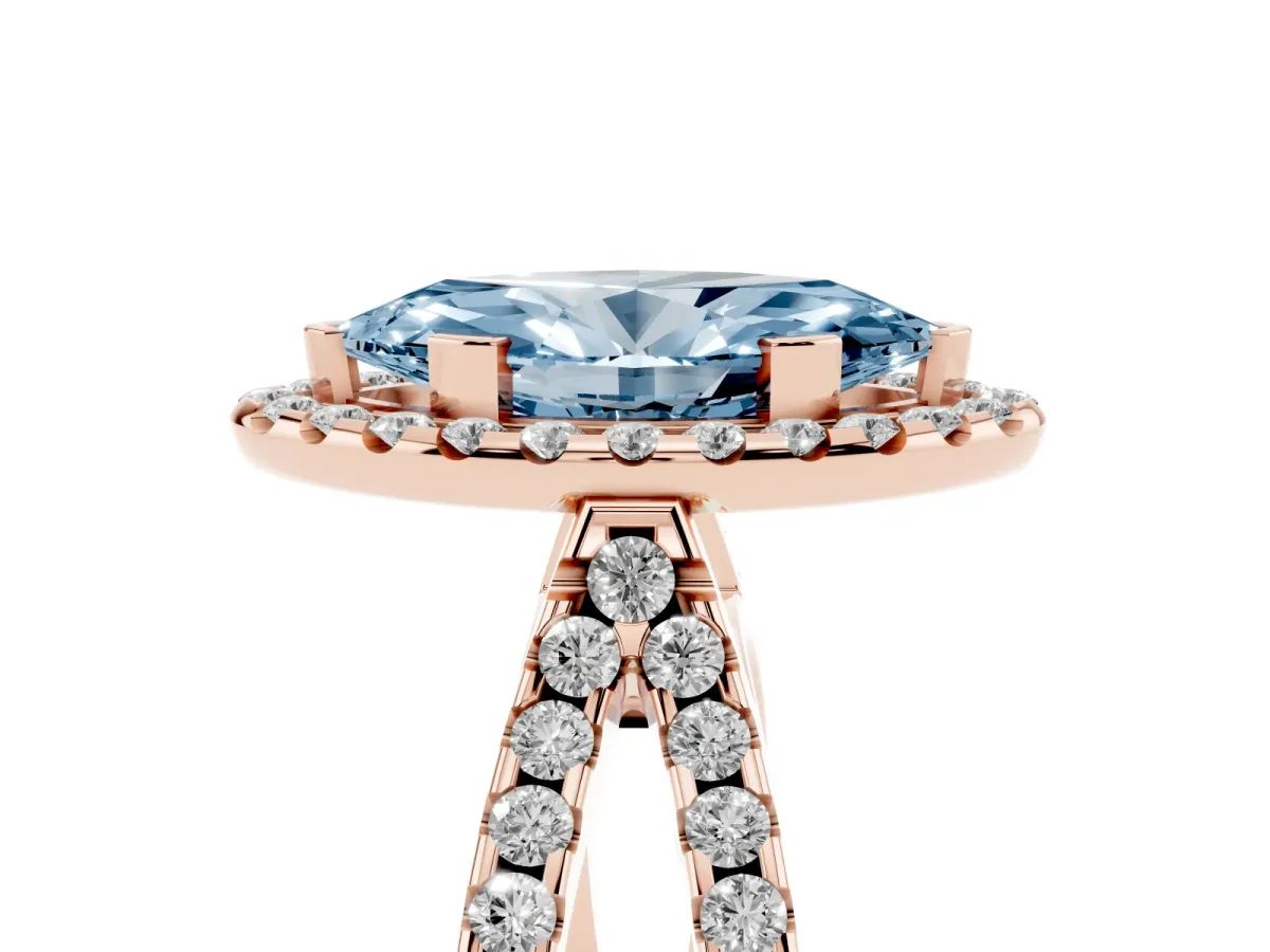 Fancy Blue Marquise Cut Diamond Halo Ring with Split Shank Pavé Band and Prong Setting Rose gold