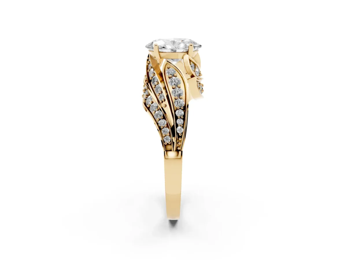 Oval Cut Diamond Solitaire Ring with Prong Setting and Twisted Pavé Band Yellow gold