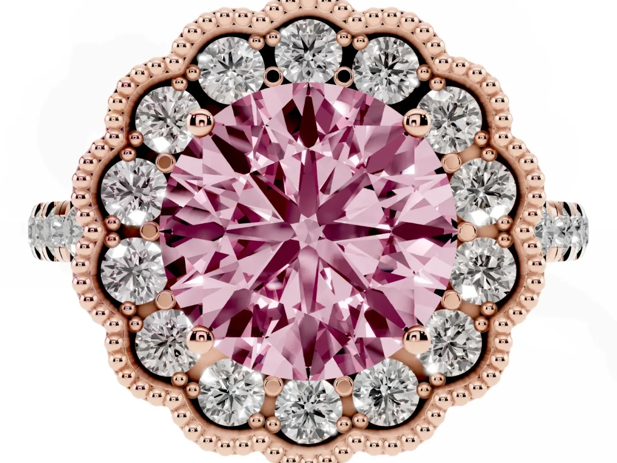 Fancy Pink Round Cut Cut Diamond Milgrain Floral Halo Engagement Ring with Pavé Band Rose gold