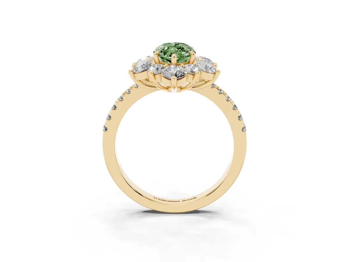 Fancy Green Marquise Cut Diamond Floral Halo Ring with Round Pavé Band and Prong Setting Yellow gold