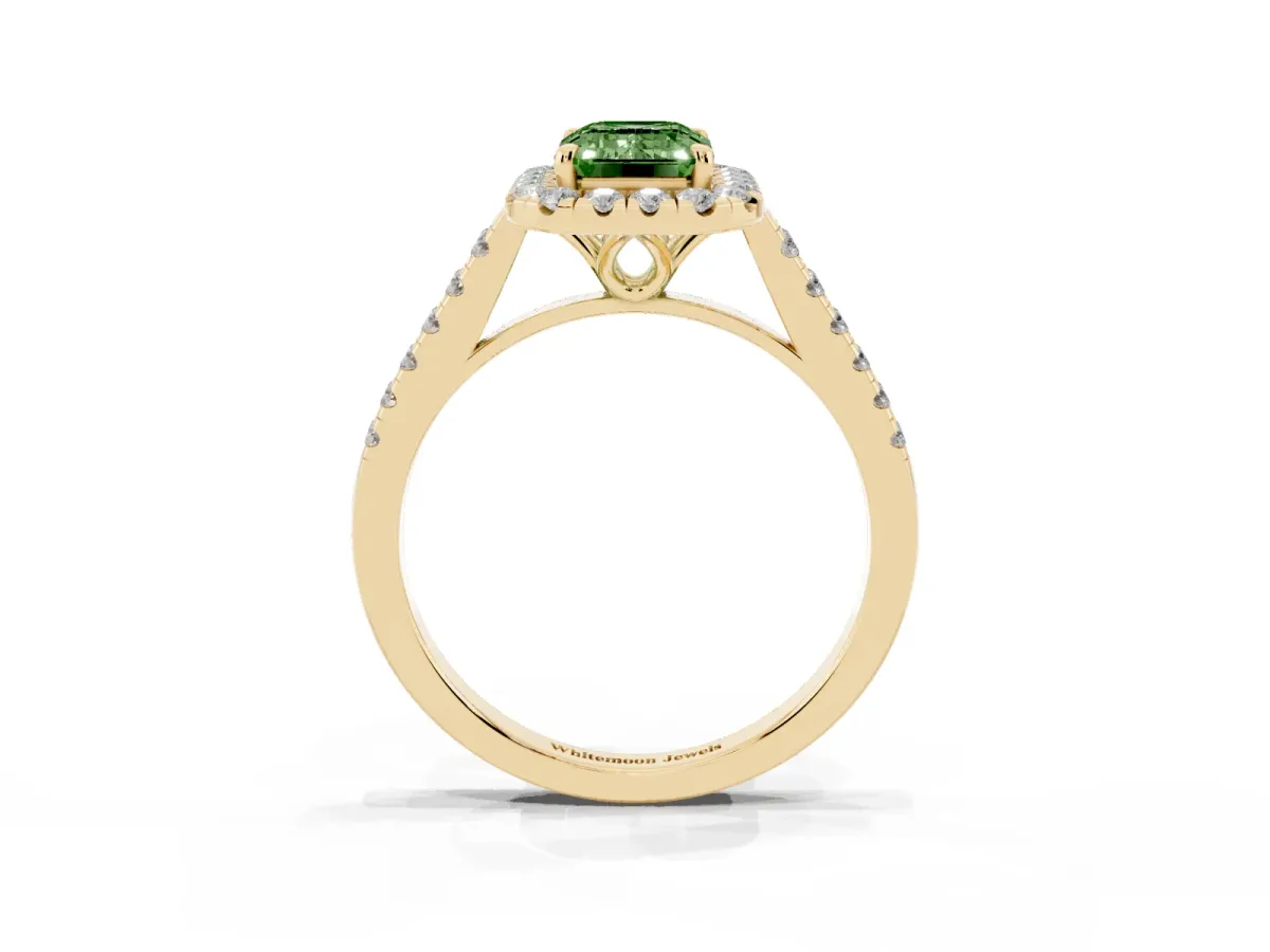 Fancy Green Emerald Cut Halo Pavé Diamond Engagement Ring with Four-Prong Setting Yellow gold