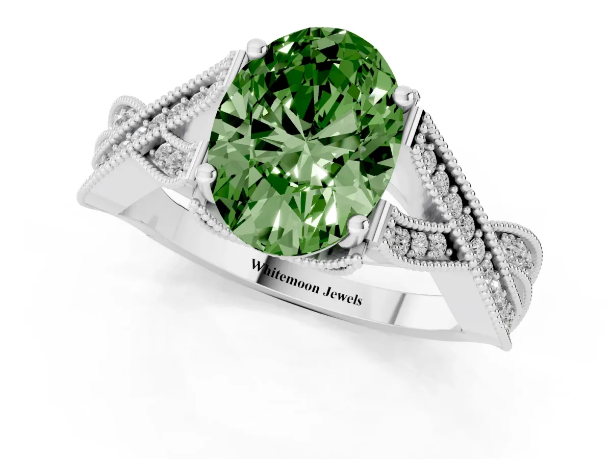 Fancy Green Oval Cut Cut Diamond Twisted Band with Milgrain Pave Setting and Four-Prong Setting Silver
