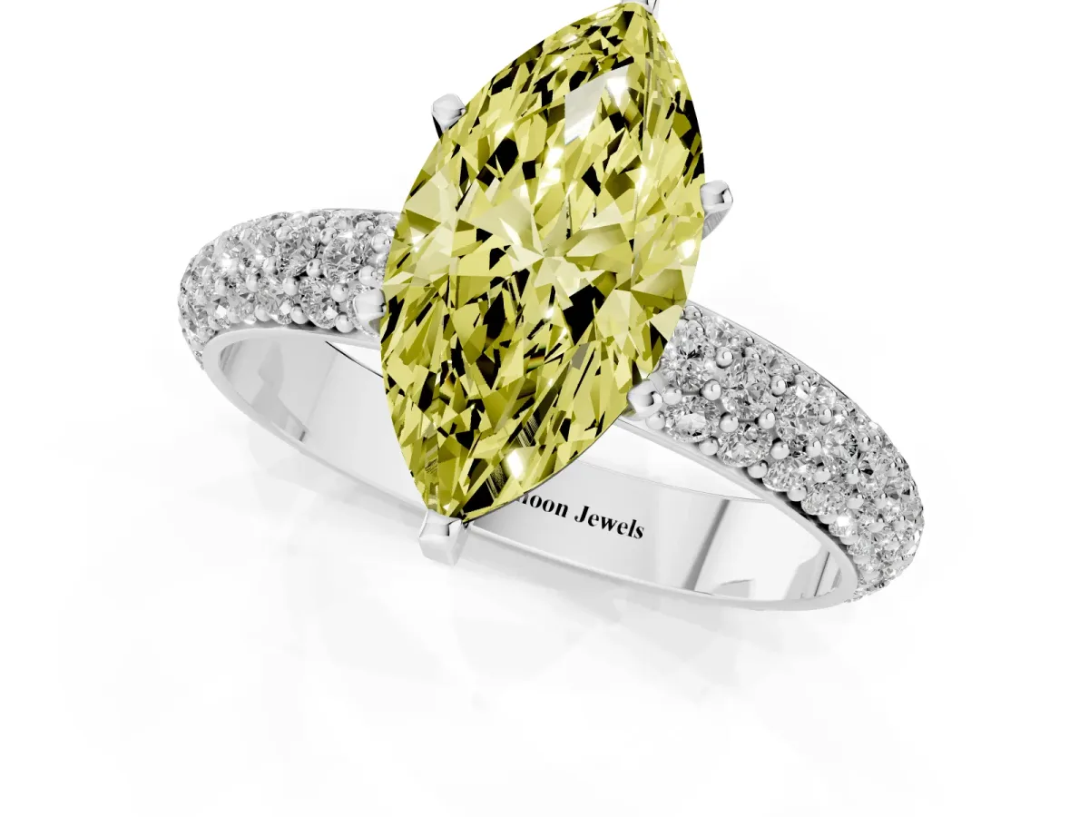 Fancy Yellow Marquise Cut Diamond Solitaire Ring with Prong Setting and Pavé Band Silver