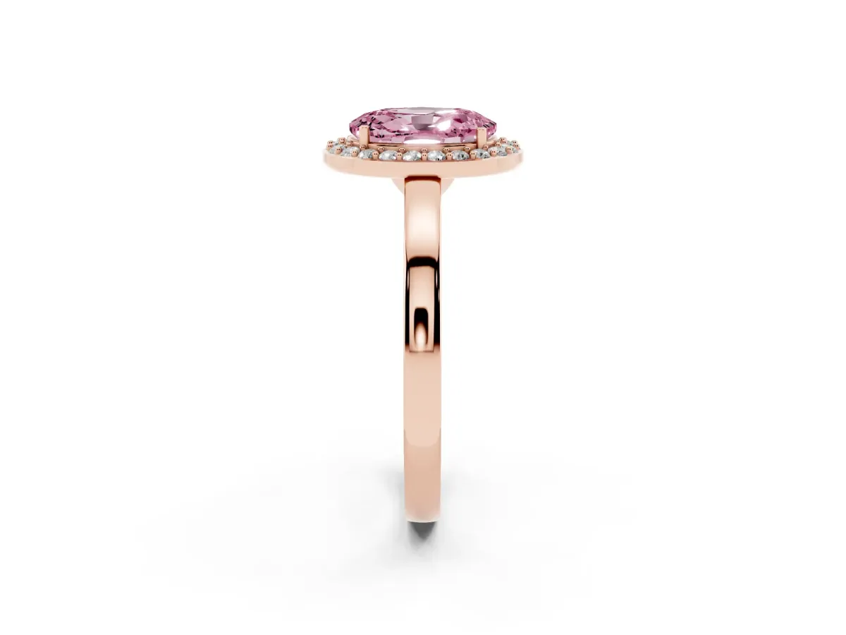 Fancy Pink Oval Cut Halo Diamond Ring with Solitaire Band and Prong Setting Rose gold