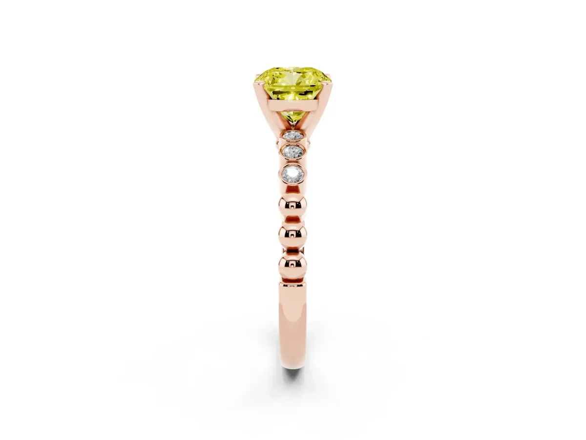 Fancy Yellow Cushion Cut Solitaire Bezel Accent Diamond Engagement Ring with Beaded Band and Four-Prong Setting Rose gold