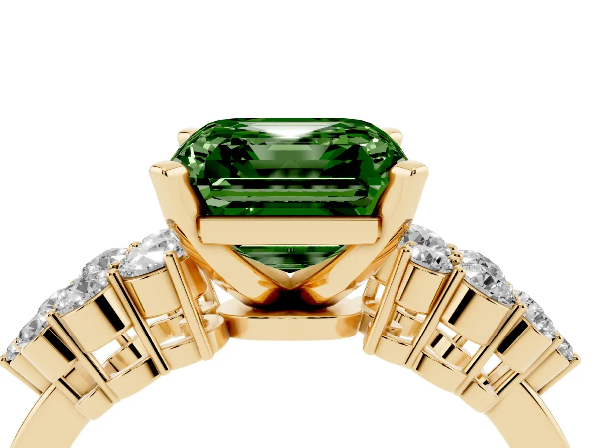 Fancy Green Asscher Cut Cluster Diamond Engagement Ring with Pavé Band and Four-Prong Setting Yellow gold