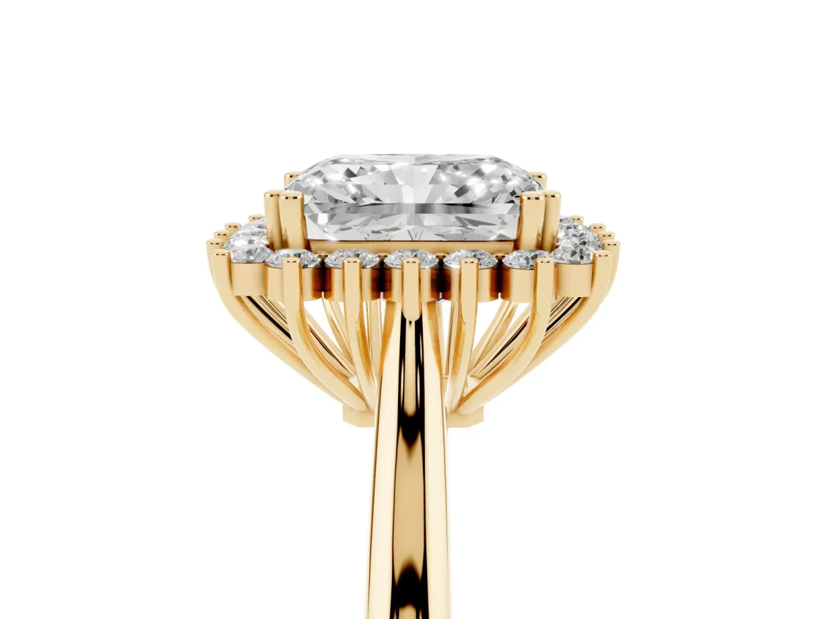 Radiant Cut Cut Diamond Halo Ring with Solitaire Band and Prong Setting Yellow gold