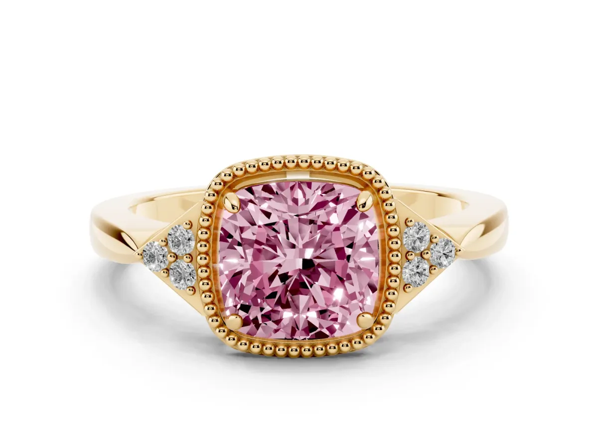 Fancy Pink Hexagonal Halo Cushion Cut Diamond Solitaire with Pavé Band and Four-Prong Setting Yellow gold