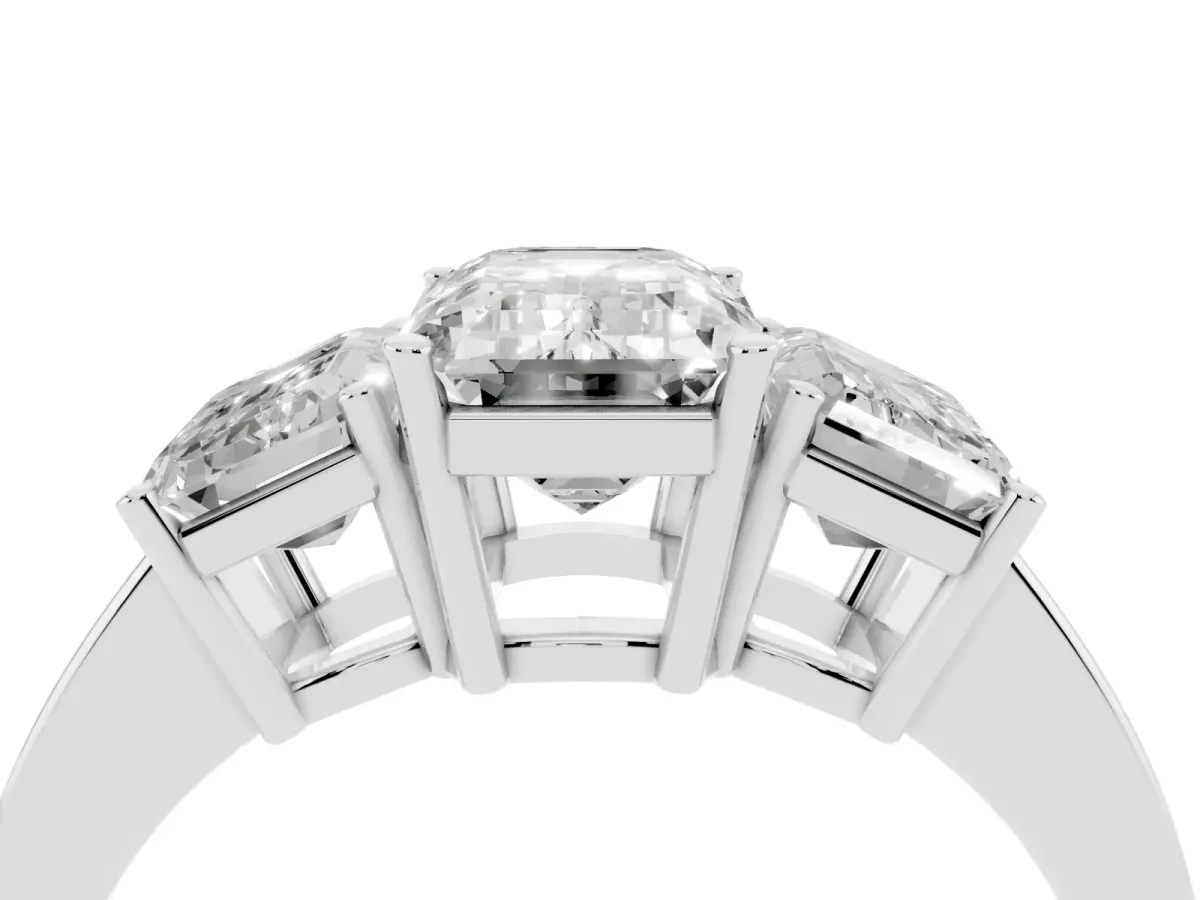 Three-Stone Emerald Cut Cut Diamond Engagement Ring with Flat Band and Four-Prong Setting Platinum