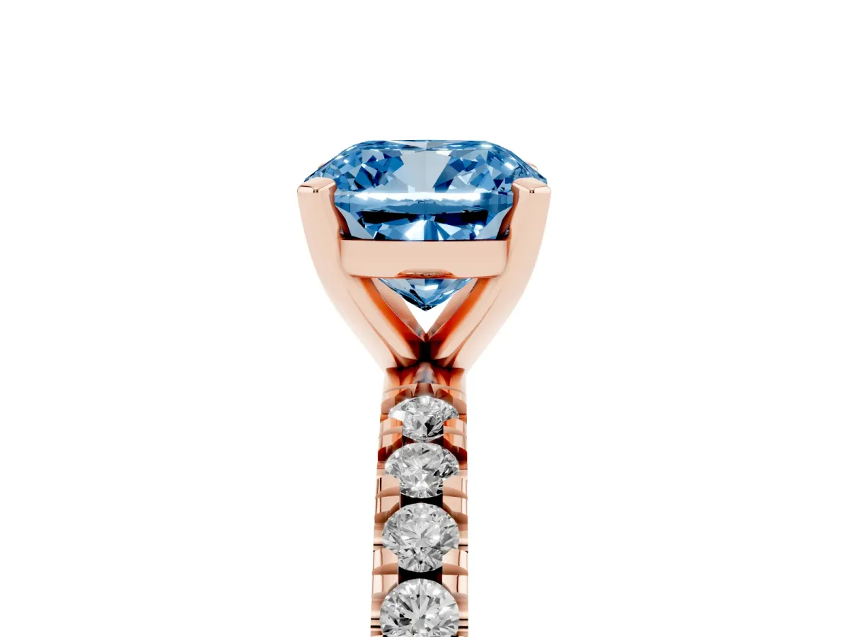 Fancy Blue Cushion Cut Diamond Pavé Band Solitaire with Four-Prong Setting Rose gold