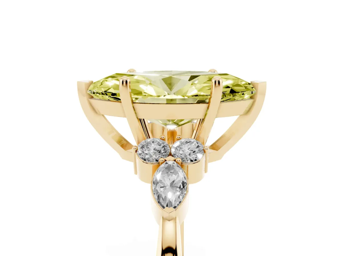 Fancy Yellow Marquise Cut Brilliant Diamond Solitaire Ring with Pear Side Stones and Four-Prong Setting Yellow gold
