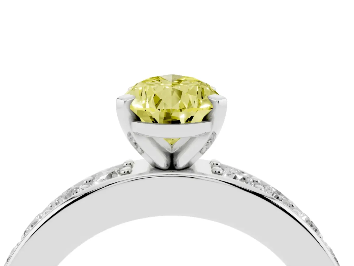 Fancy Yellow Pear Cut Diamond Engagement Ring with Channel Set Round Band and Prong Setting Silver
